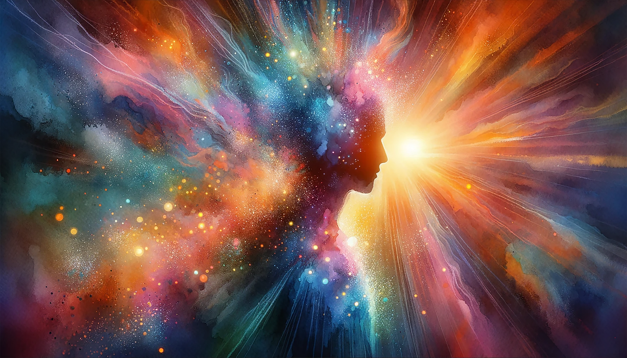 Illustration symbolique de l’aura humaine, du champ énergétique et des couleurs subtiles entourant le corps