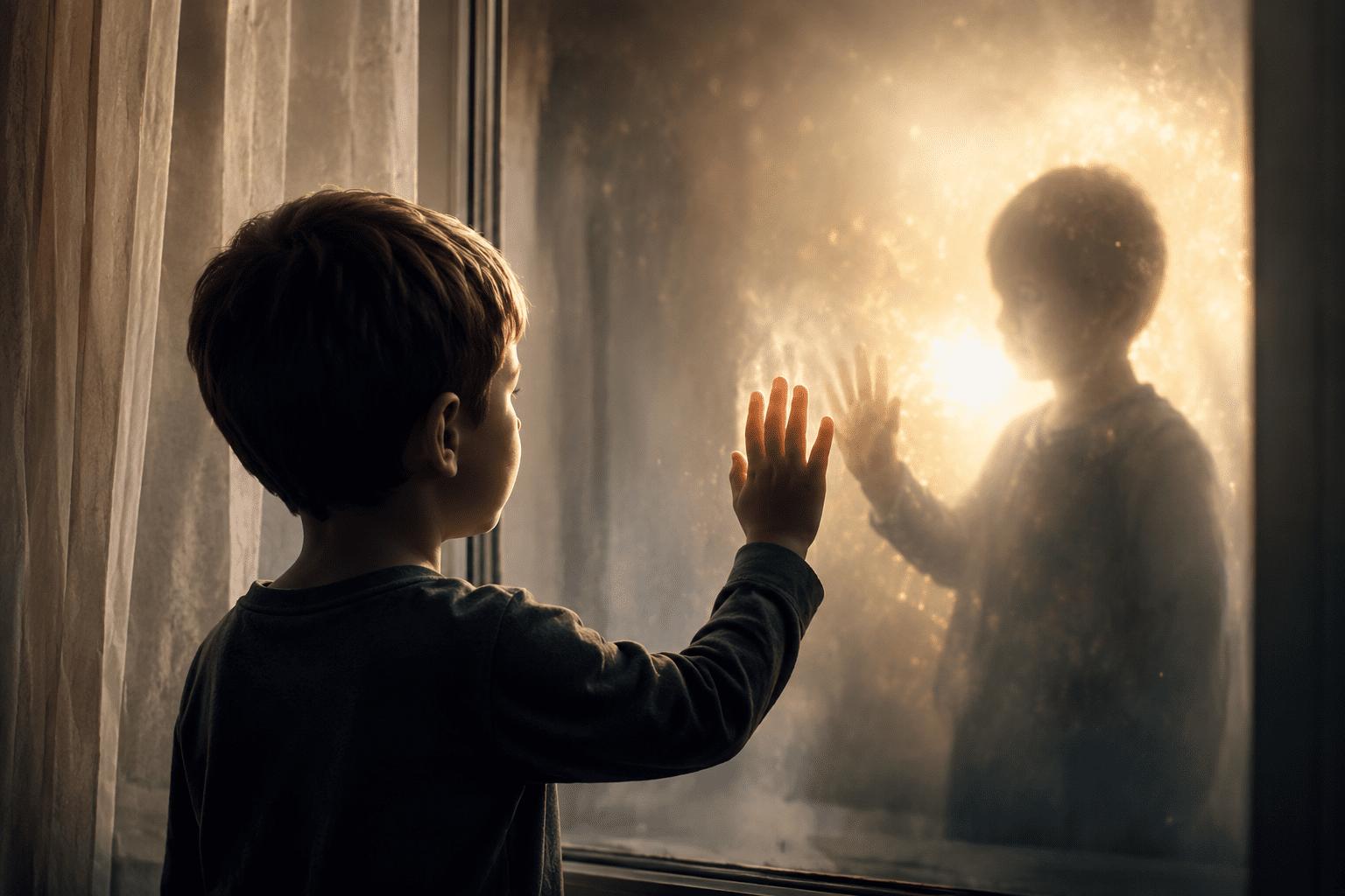 Enfant tendant la main vers une présence lumineuse — signes de l'au-delà